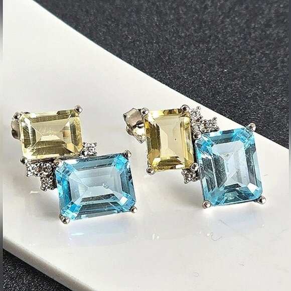 925 Sterling Silver Earrings 14K Gold Plated with Natural Topaz & Lemon Quartz - Picture 1 of 9